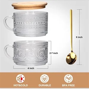 14oz Embossed Glass Iced Coffee Mugs Cups with Lids