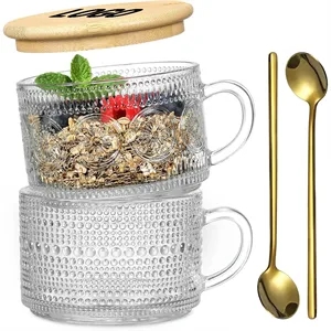 14oz Embossed Glass Iced Coffee Mugs Cups with Lids